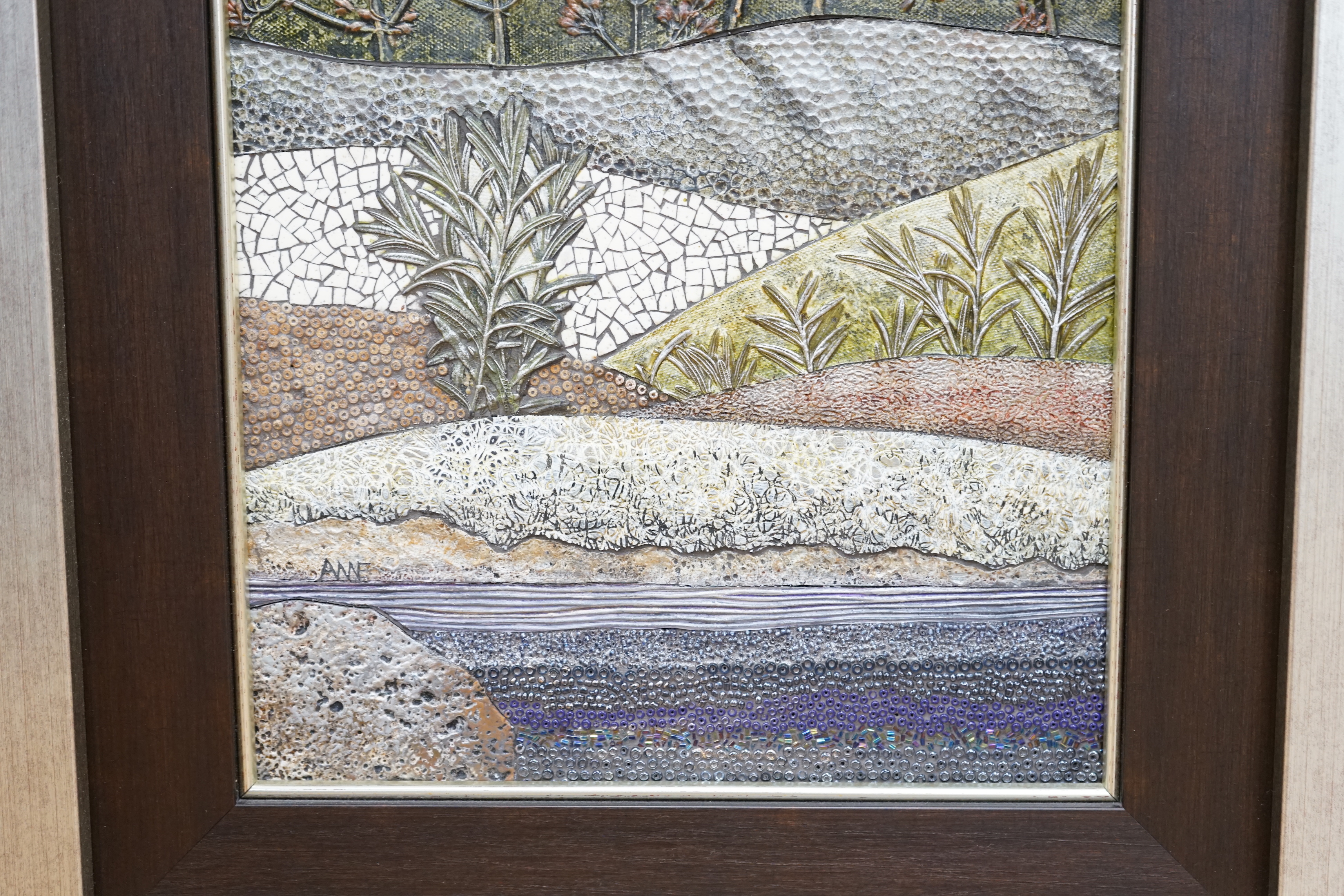Anne Raubenheimer (contemporary, South African), mixed media and collage plaque, Rosemary Stream, signed, 43 x 26cm